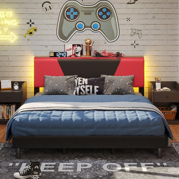 Bestier Black and Red PU Frame King Bed Gaming Platform Bed Frame with LED Lights