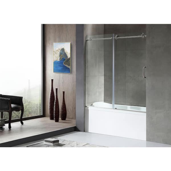 Don Series 56 to 60 in. W x 62 in. H Frameless Sliding Tub Door with Clear Tempered Deco-Glass in Brushed Nickel