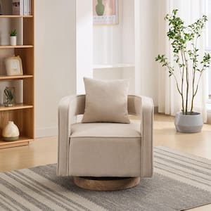 Beige Wood Outdoor Lounge Chair Swivel Accent Open Back Chair with Weathered Base and Beige Cushions