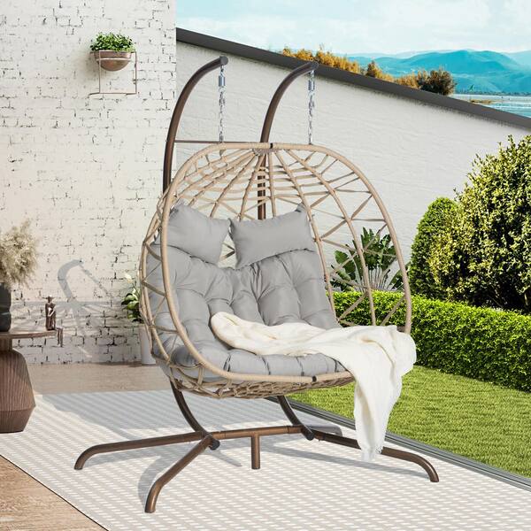 2-Person Beige Wicker Outdoor Porch Swing Chair with Stand Hanging