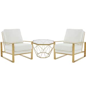 Jefferson Leather Arm Chair with Gold Frame (Set of 2) and Octagonal Coffee Table with Geometric Base (White)