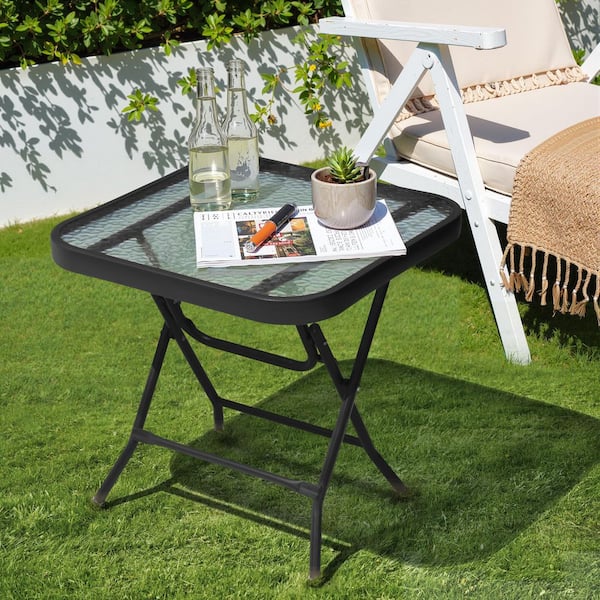 Square Folding Tempered Glass Outdoor Side Table Foldable Outdoor End Table in Black