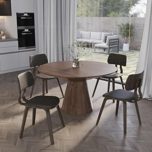 Leather Dining Chair with Poplar Wood Frame and Open Back Design Accent Side Chairs in Dark Walnut/Brown