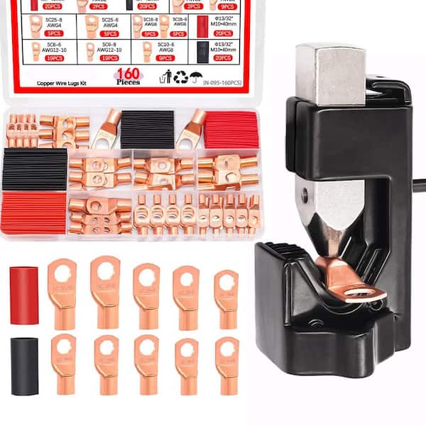 160PCS Copper Cable Wire Lugs, Ring Terminals Connectors, 2-12 AWG, with Hammer Lug Crimper Tool, 8 AWG to 0000 AWG