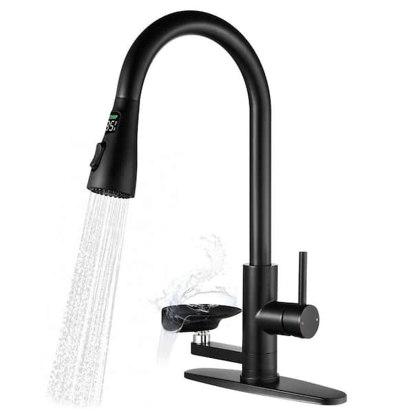 Single Handle 18.38 In. Pull Down Sprayer Temperature Display LED Kitchen Faucet with Glass Rinser in Matte Black