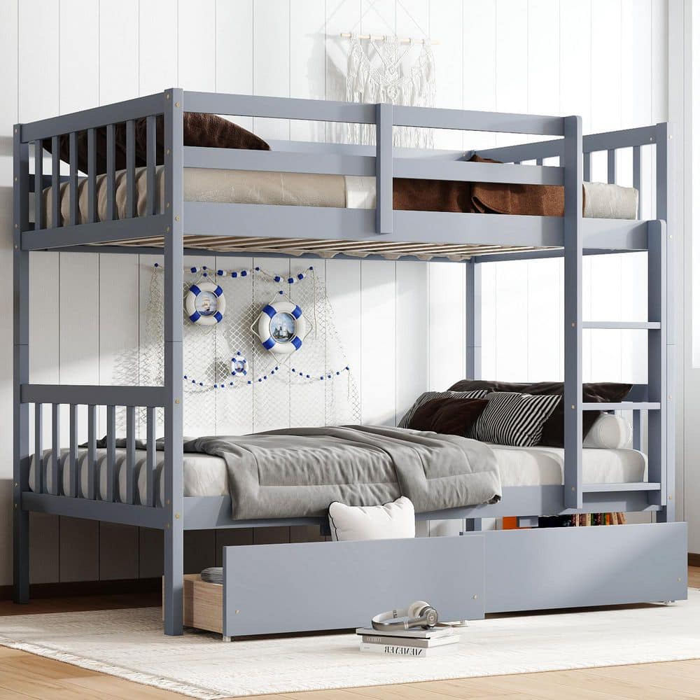 Gray Twin over Twin Wood Frame Bunk Bed with 2 Drawers, Convertible into 2 Twin Beds, Ladder and Safety Guardrails price history on PriceWatchPro