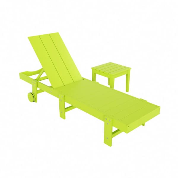 WESTIN OUTDOOR Shoreside 2-Piece Modern Plastic Outdoor Reclining Chaise Lounge With Wheels and Side Table in Lime