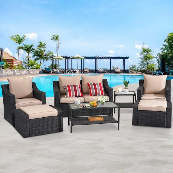 Unbranded Black 7-Piece PE Wicker Outdoor Sectional Furniture Cushioned Sofa Set Patio Rattan Conversation Set with Beige Cushion