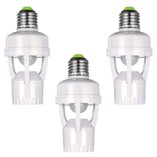3-Pack 20-Watt Motion Sensor E26/E27 Bulb Socket Adapter Screw-In Mount Dusk to Dawn Light Control White