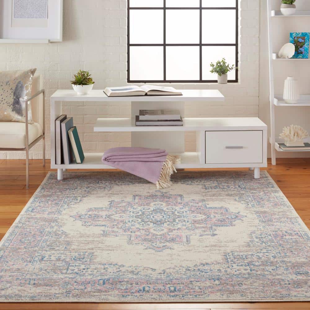 Ivory/Pink/Blue Hand-knotted Synthetic Medallion Area Rug