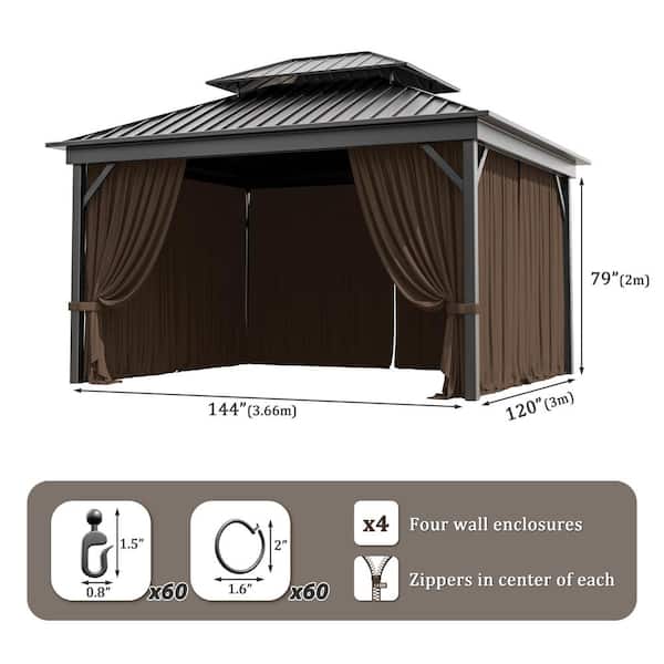 10 ft. x 12 ft. Universal Outdoor Privacy Curtains, Gazebo Replacement with Zipper Chocolate (4-Side Curtain Only)
