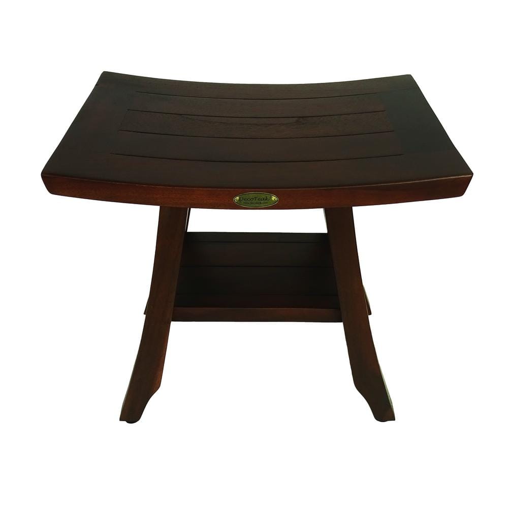 Compact Woodland Brown Teak Shower Bench with Storage Shelf
