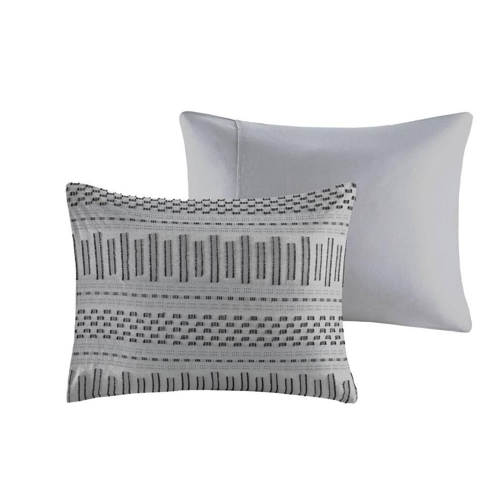 Full/Queen Gray Cotton Jacquard Duvet Cover Set with Textured Accents
