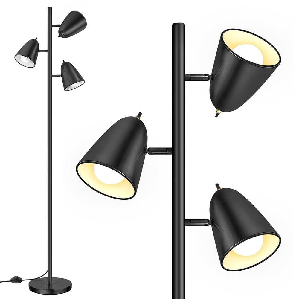 64 in. Black 3-Light Tree Floor Lamp with 3 Bulbs Included Lamp