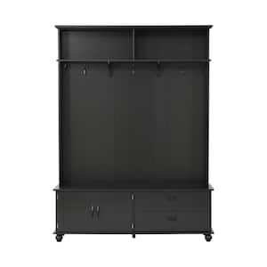 Modern Black Hall Tree with Storage Cabinet, Shelves and Drawers Mudroom Entryway Coat Rack with Storage Bench and Hooks