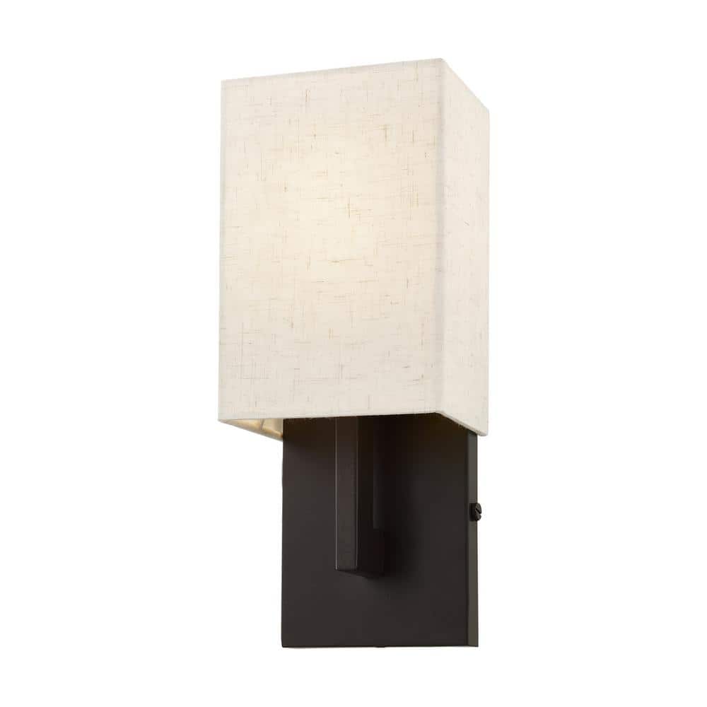 English Bronze Wall Sconce with Oatmeal Fabric Shade