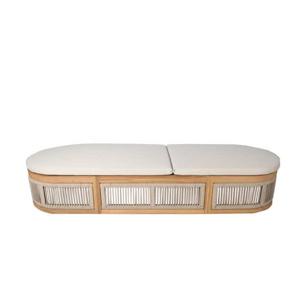 Ekua Acacia Wood Rope Weaving Patio Outdoor Reclining Chaise Lounge with Cream Cushions