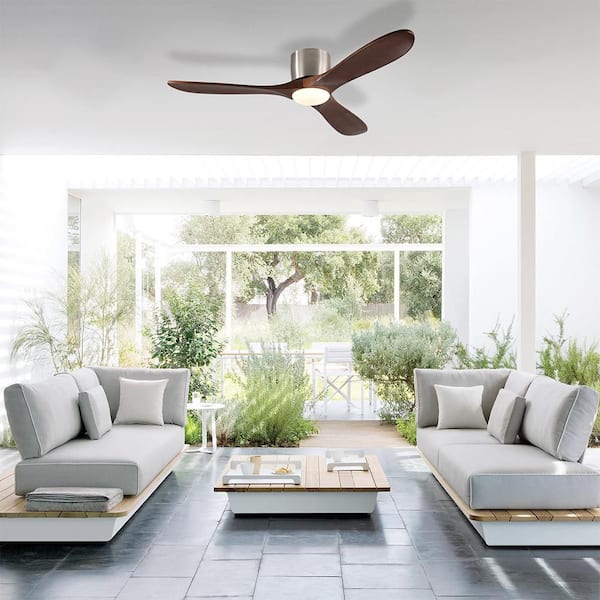 52 in. Nickel Indoor Standard Flush Mount Ceiling Fan with Light, Walnut Wood Blades Reversible Fan for Patio Bedroom