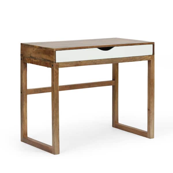 Noble House Archie 36 in. Natural and White Mango Wood 1-Drawer Writing Desk