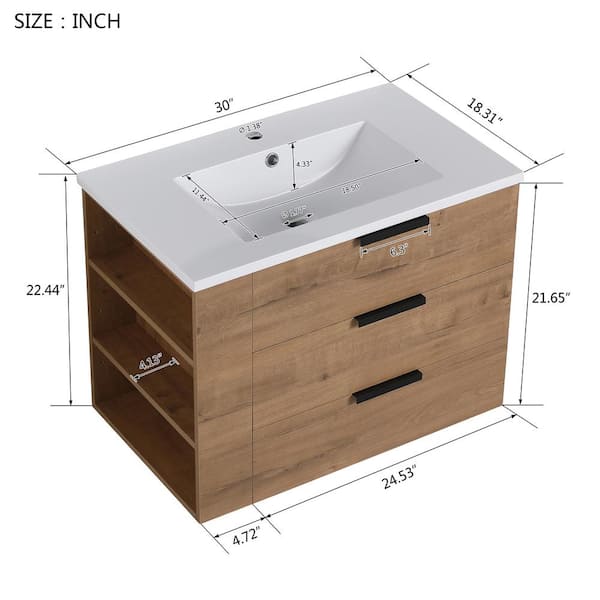 Unbranded 30 in. W x 18 in. D x 22 in. H Single Sink Floating Bath Vanity in Limitative Oak with White Resin Top Left Side Rack
