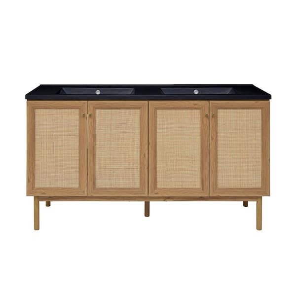 Classe 60 in. W Double Basin Bathroom Vanity in Brown Oak with Black, 3-Hole Artificial Stone Sink Top