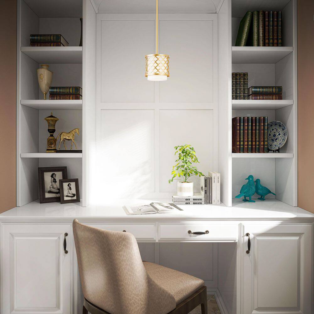 Arabesque Soft Gold Mini Pendant with Off-White Fabric Shade