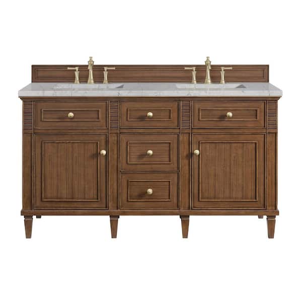 James Martin Vanities Lorelai 60.0 in. W x 23.5 in. D x 34.06 in. H Double Vanity in Mid-Century Walnut with Eternal Jasmine Pearl Quartz Top