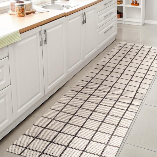 JONATHAN Y Grid Modern Squares Cream/Black 2 ft. x 8 ft. Indoor/Outdoor Area Rug