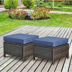 ArcoBay Metal and Brown Wicker Outdoor Ottoman with Olefin Navy Blue Family Cushion (2-Pack)