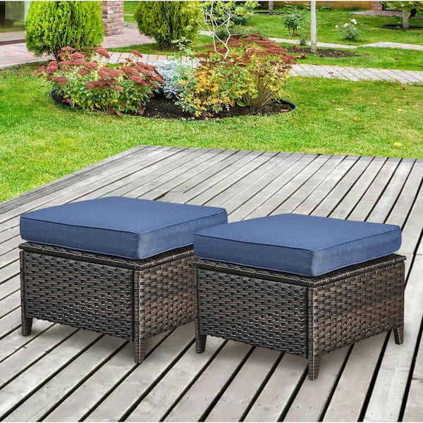 ArcoBay Metal and Brown Wicker Outdoor Ottoman with Olefin Navy Blue Family Cushion (2-Pack)