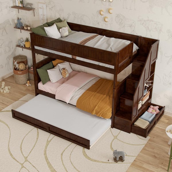 Dover Walnut Brown Solid Wood Frame Twin Over Twin Staircase Bunk Bed with Storage Drawer and Twin Trundle