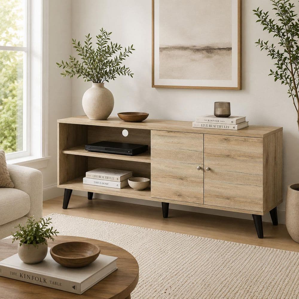 Noble House Oak 63 in. Wood TV Stand Fits TV's up to 70-79 in. with 2 Storage Shelves, 1 Cabinet