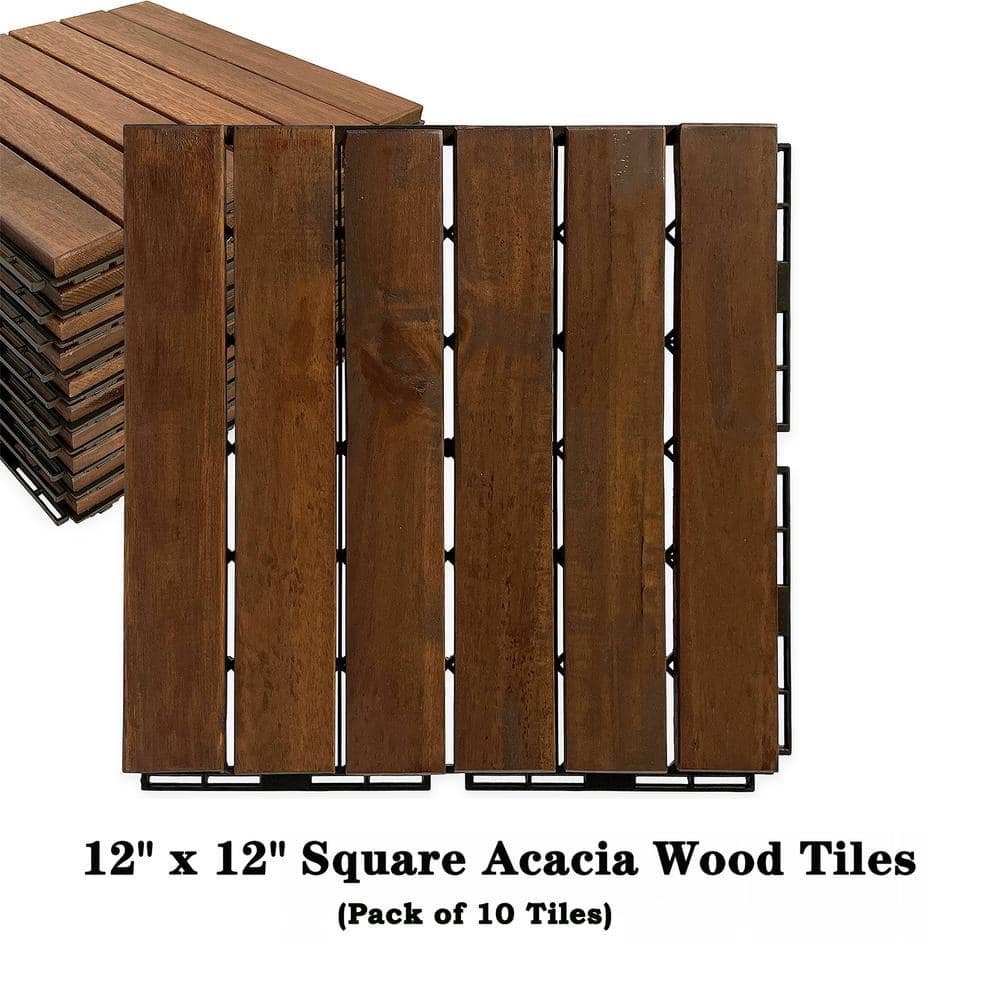 12 in. x 12 in. Square Acacia Wood Interlocking Patio Deck Tile Outdoor Str