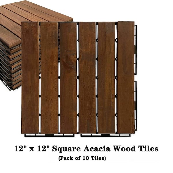 BTMWAY 12 in. x 12 in. Square Acacia Wood Interlocking Patio Deck Tile Outdoor Striped Pattern Flooring Tile Pack of 10 Tiles