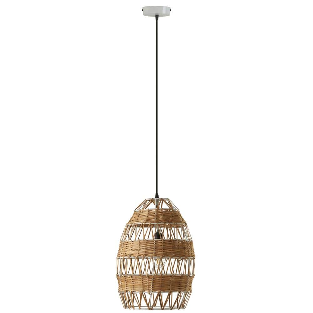 12.75" Tan Rattan and Metal Bowl Pendant Ceiling Light