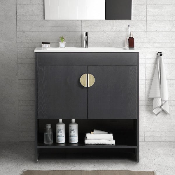 Nivencai 30 in. W x 18 in. D x 32 in. H Single Sink Freestanding Bath Vanity in Black with White Ceramic Top, Open Stronge