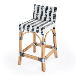 Serienna Blue and White Rattan Low Back Counter Stool 32.0" H x 16.5" W x 18.5" D