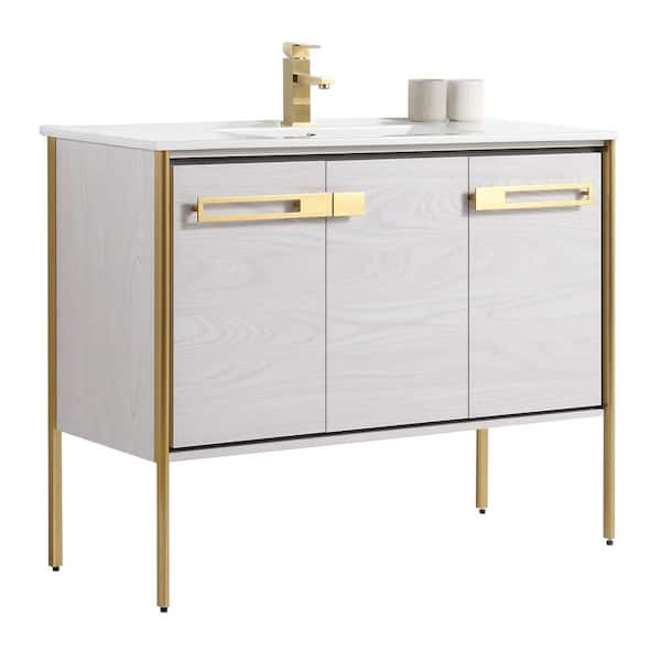FINE FIXTURES Oakville 42 in. W x 18.32 in. D x 33.5 in. H Bath Vanity in Mild Grey Oak with White Ceramic Top