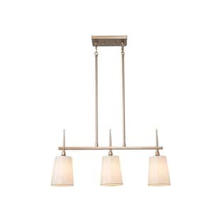 3-Light Satin Gold Island Chandelier with White Fabric Shade Perfect for Modern Kitchens, Dinning Room and Living Room