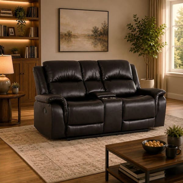 37.79 in. D Rolled Arm Faux Leather Rectangle Push Back Manual Recliner Sofa Loveseat for Living Room in. Espresso