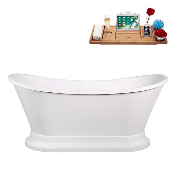 60 in. x 32 in. Acrylic Freestanding Soaking Bathtub in Glossy White with Brushed Brass Drain, Bamboo Tray