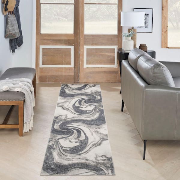 Astra Machine Washable Ivory Grey 2 ft. x 8 ft. Abstract Contemporary Runner Area Rug