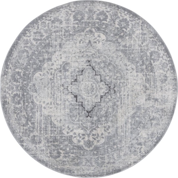 Tayse Rugs Diamond Medallion Gray 6 ft. Round Indoor Area Rug