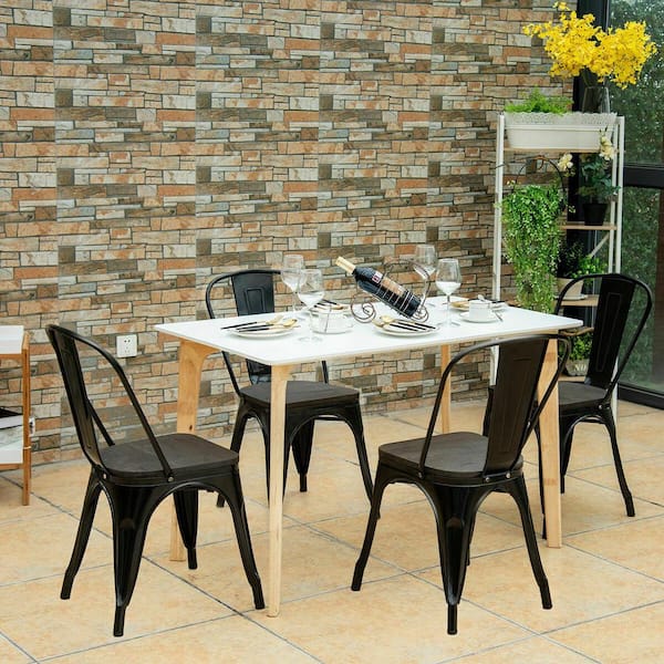 Set of 4, Metal Dining Chair Stackable with Wood Cushion in Black & Coffee