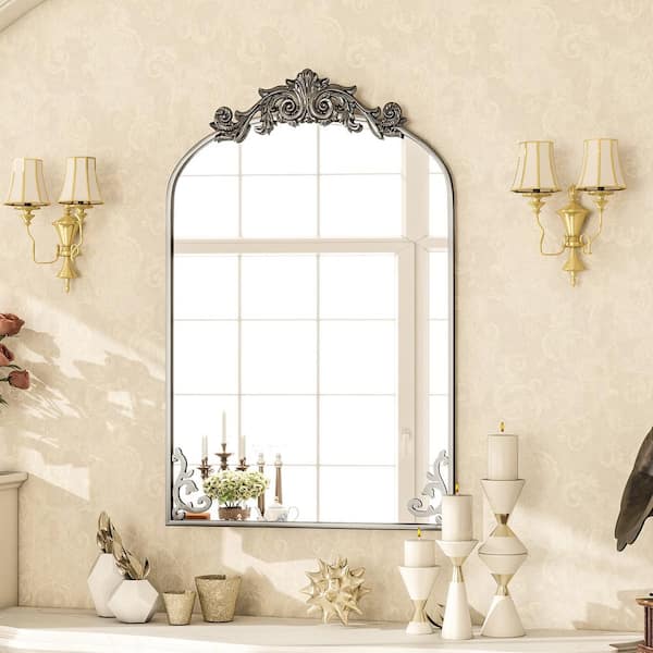 XRAMFY 26 in. W x 41 in. H Arched Black Aluminum Alloy Framed with Carved Decoration Wall Mirror
