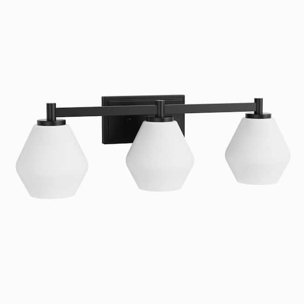 Briignite 25 in. 3-Light Matte Black Cone Vanity Light Mounting Positions with White Glass Shade for Bathroom
