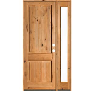 50 in. x 96 in. Rustic Knotty Alder Square Top Left-Hand/Inswing Glass Clear Stain Wood Prehung Front Door with RFSL