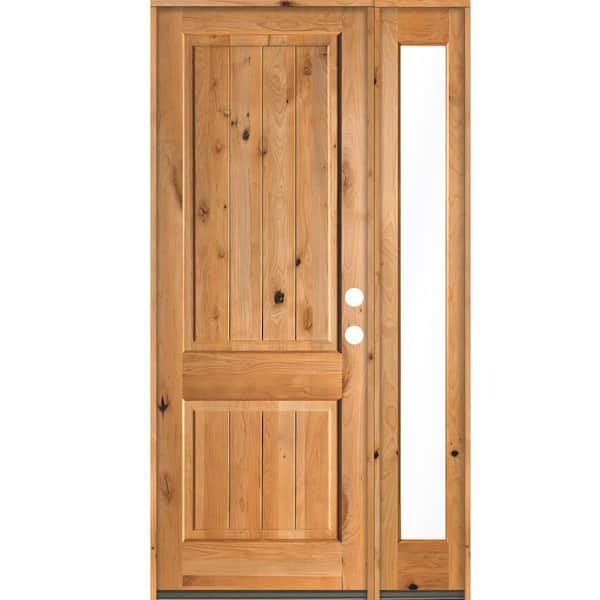 Krosswood Doors 50 in. x 96 in. Rustic Knotty Alder Square Top Left-Hand/Inswing Glass Clear Stain Wood Prehung Front Door with RFSL