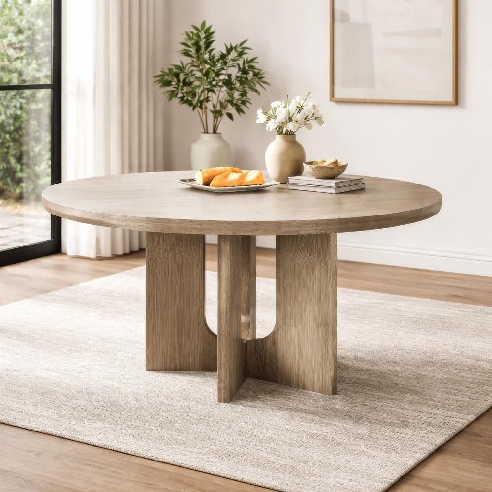 Benjara Zoko White Wash Solid Wood 54 in. Pedestal Dining Table