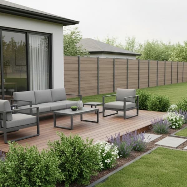 Complete Kit 6 ft. x 6 ft. Embossed Brown WPC Composite Fence Panel with Pronged Holders and Post Kits (10-set)